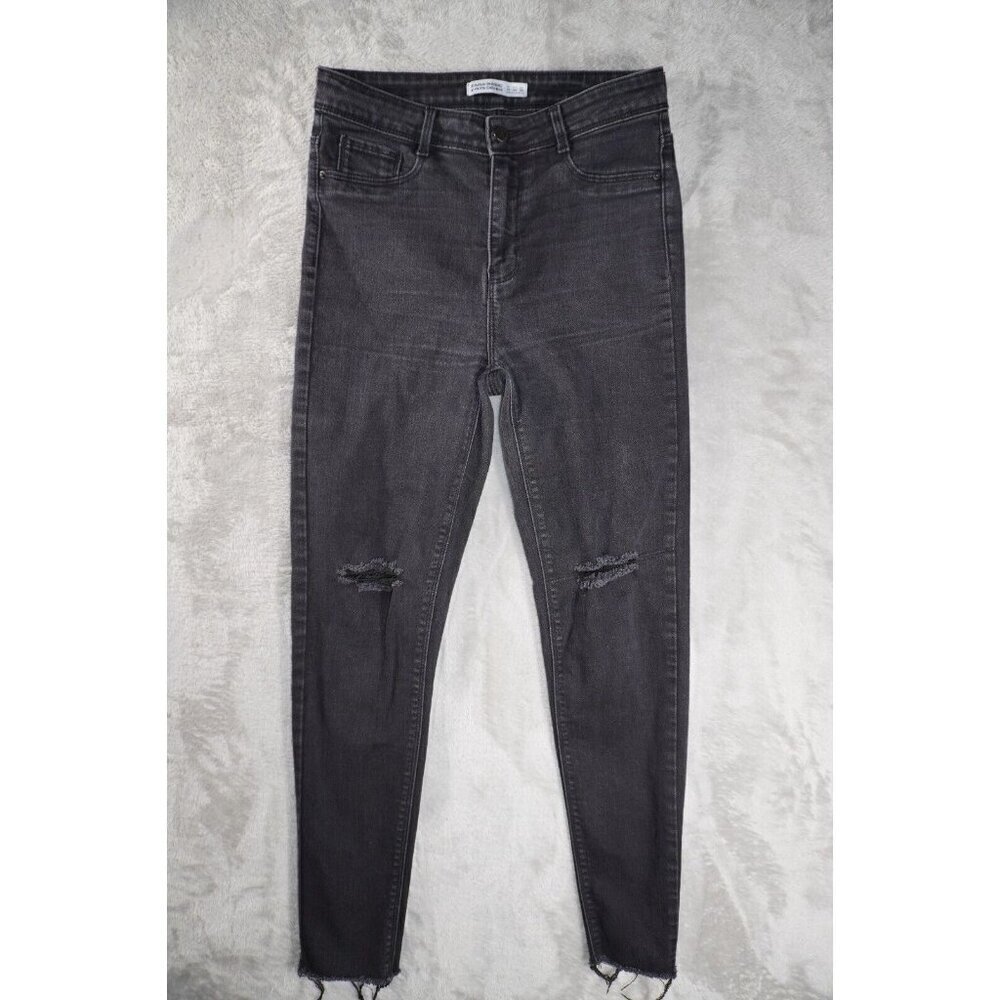 Zara Womens Jeans 8 Lead Grey Skinny Slim Ripped Distressed High Rise Raw Hem